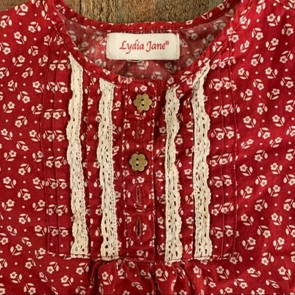 Lydia Jane Girls Red Floral Long-Sleeve Dress With Lace Detailing & Ruffle Hem - Picture 4 of 8
